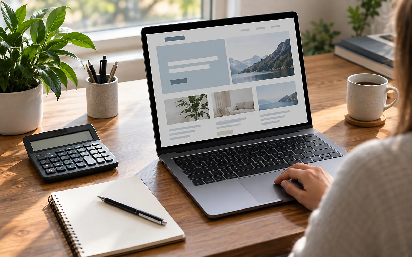 Schreibtisch mit Taschenrechner, leerem Notizblock und Laptop mit einem Website-Entwurf