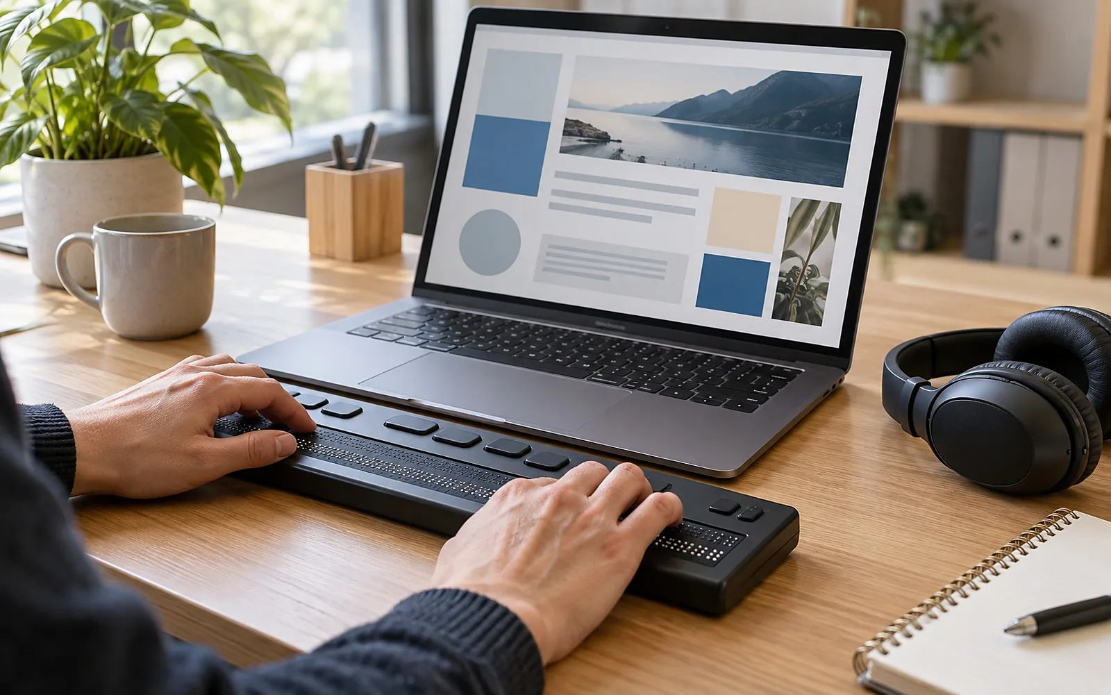 Hände auf einer Braillezeile vor einem aufgeklappten Laptop, daneben Kopfhörer