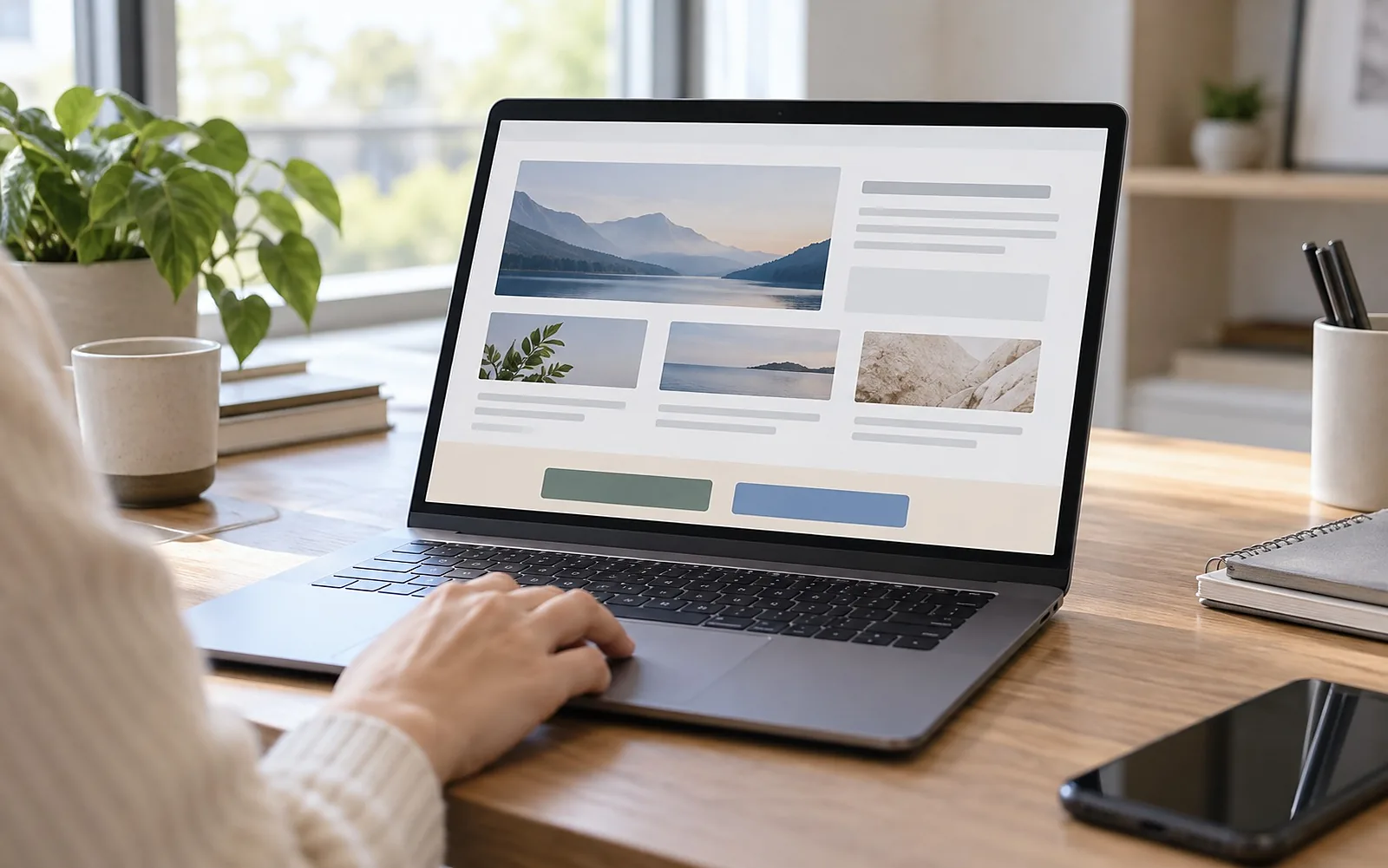 Laptop mit einer Website und einer hellen Leiste mit zwei gleich großen Knöpfen am unteren Rand