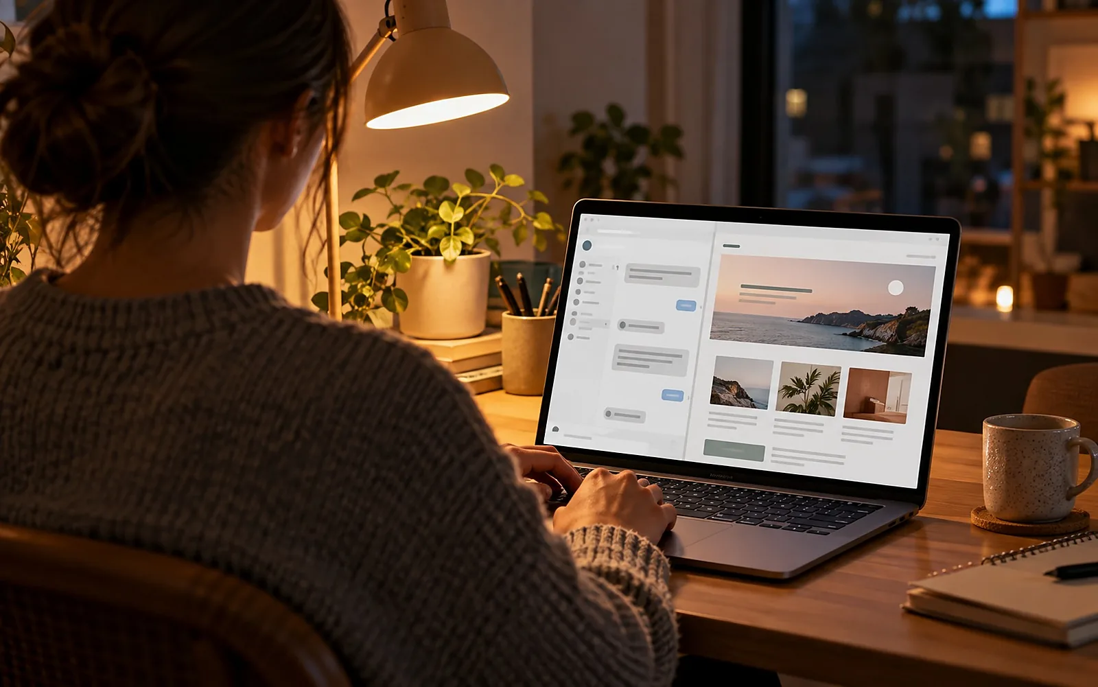 Person am Laptop mit einem Chatfenster und der Vorschau einer einfachen Website