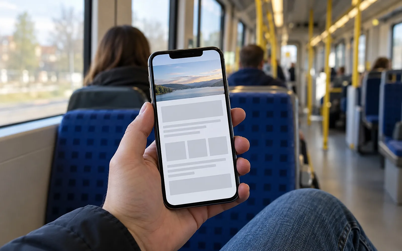 Hand hält in der S-Bahn ein Smartphone mit einer halb geladenen Website