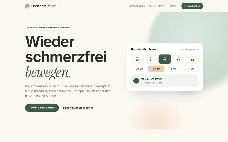 Gestaltungsbeispiel: Lindenhof Physio, Praxis, mit Terminauswahl
