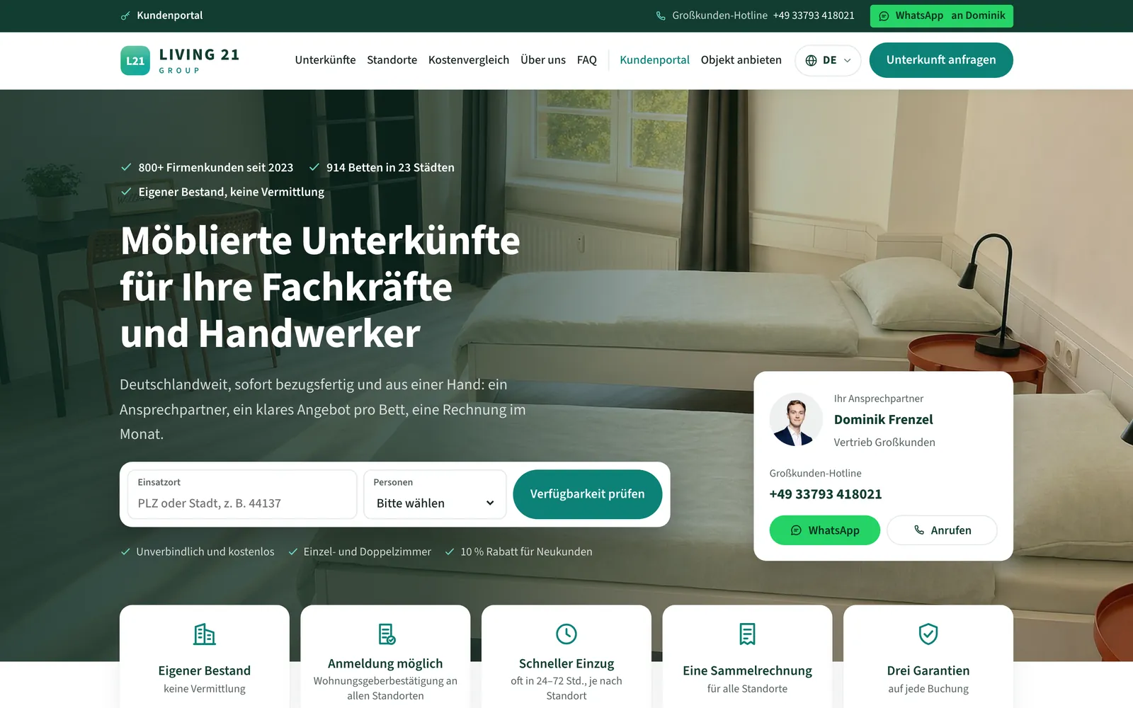 Startseite von living-21.com: Startseite mit Suchfeld für Einsatzort und Ansprechpartner