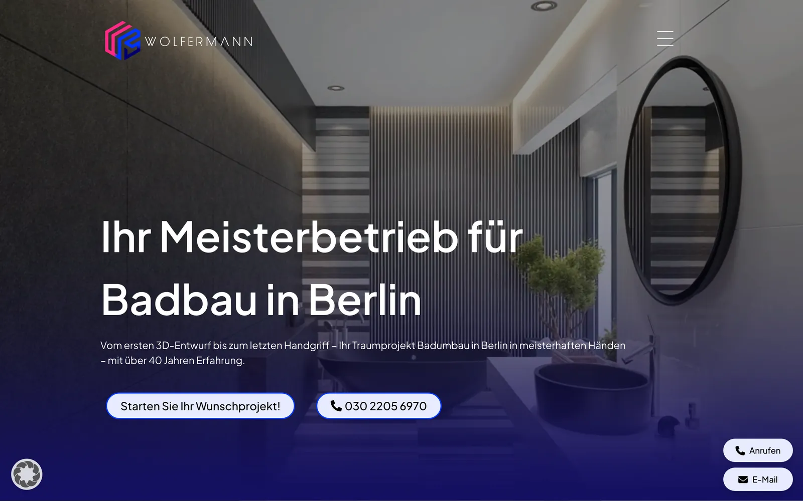 Startseite von sanitär-wolfermann.de: Startseite mit Foto eines Bads und Rückrufknöpfen